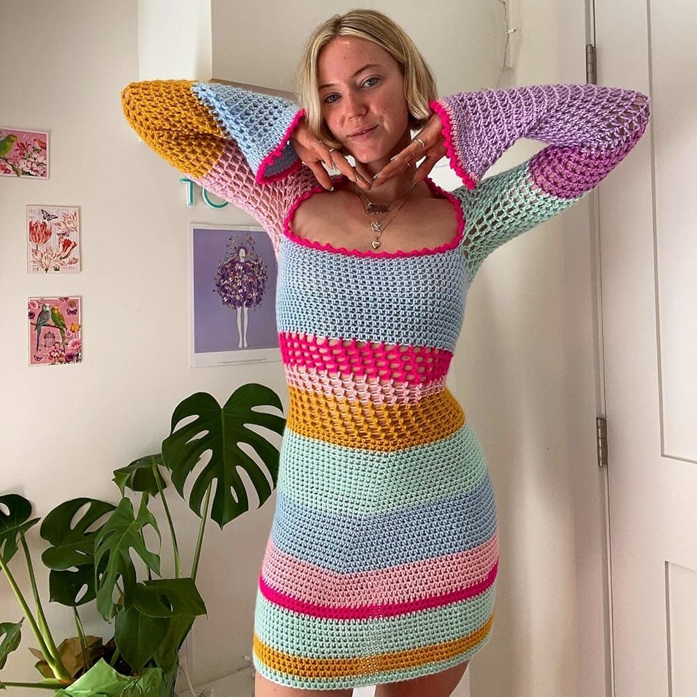 Amazon.com: Women's Crochet Knit Dress Long Sleeves Square